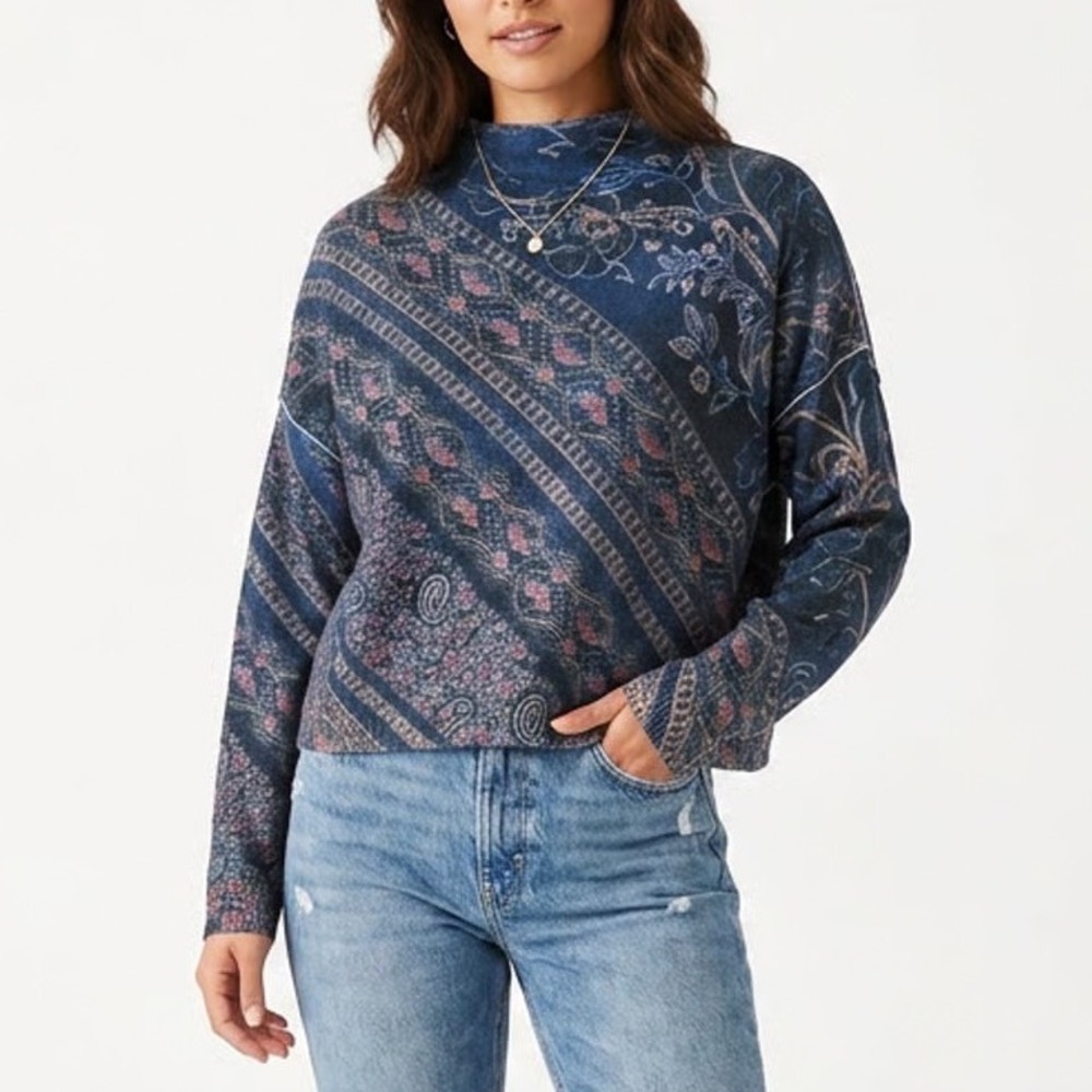 Pilcro Anthropologie 100% Cashmere Sweater Paisley Floral Mock Neck Blue Teal S